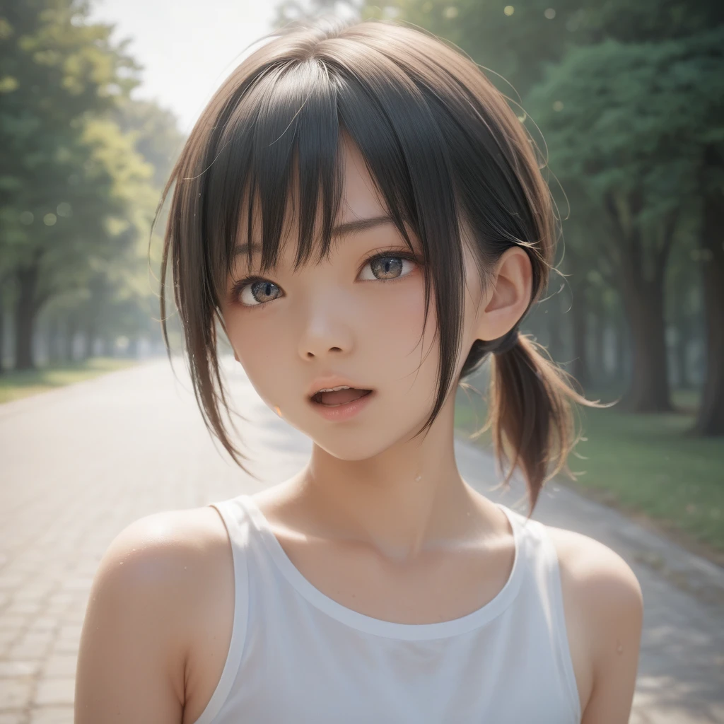 score_9, score_8_up, score_7_up, source_anime, best quality, masterpiece, official art, absurdres, highres, ultra-detailed,waifu2x,Collection: Slice of Life,break,1girl, tomboy, dark-skinned female, short hair, low ponytail, flat chest, beautiful detailed eyes, adventure, sweat, open mouth, sleepily, outdoors, wind, break,(clear line illustration:1.2),very high resolution, very aesthetic, super detailed skin, Best sexual lighting powered by famous artist, 8k,cute picture,beauty illustration,photoshop_(medium),,(Detailed Lighting),best anime 8k konachan wallpaper, pixiv contest winner,