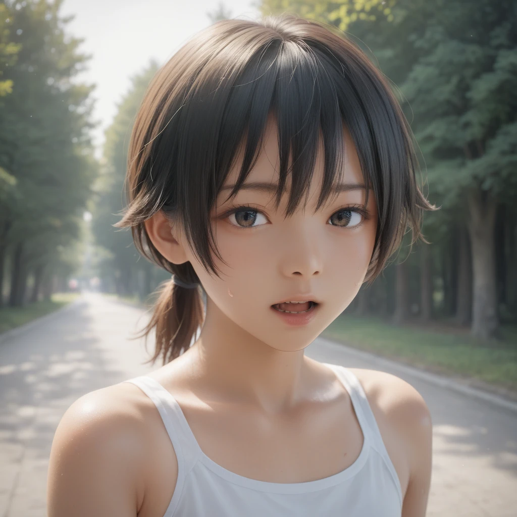 score_9, score_8_up, score_7_up, source_anime, best quality, masterpiece, official art, absurdres, highres, ultra-detailed,waifu2x,Collection: Slice of Life,break,1girl, tomboy, dark-skinned female, short hair, low ponytail, flat chest, beautiful detailed eyes, adventure, sweat, open mouth, sleepily, outdoors, wind, break,(clear line illustration:1.2),very high resolution, very aesthetic, super detailed skin, Best sexual lighting powered by famous artist, 8k,cute picture,beauty illustration,photoshop_(medium),,(Detailed Lighting),best anime 8k konachan wallpaper, pixiv contest winner,