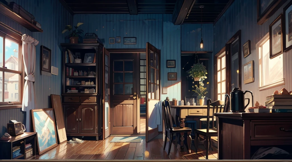 （best quality，masterpiece：1.2，detailed details，4k），A dim old apartment, a small birthday cake on an old wooden table, a modern apartment, an alarm clock on the wall, an anime scene,the wooden floor, 