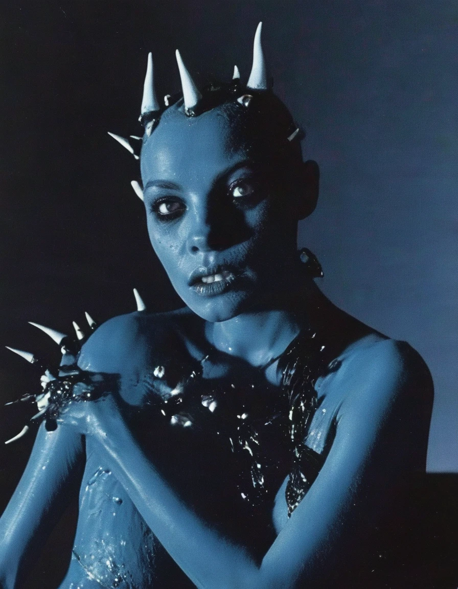 film photography, vintage, fashion shoot of female horror monster, blue dark background