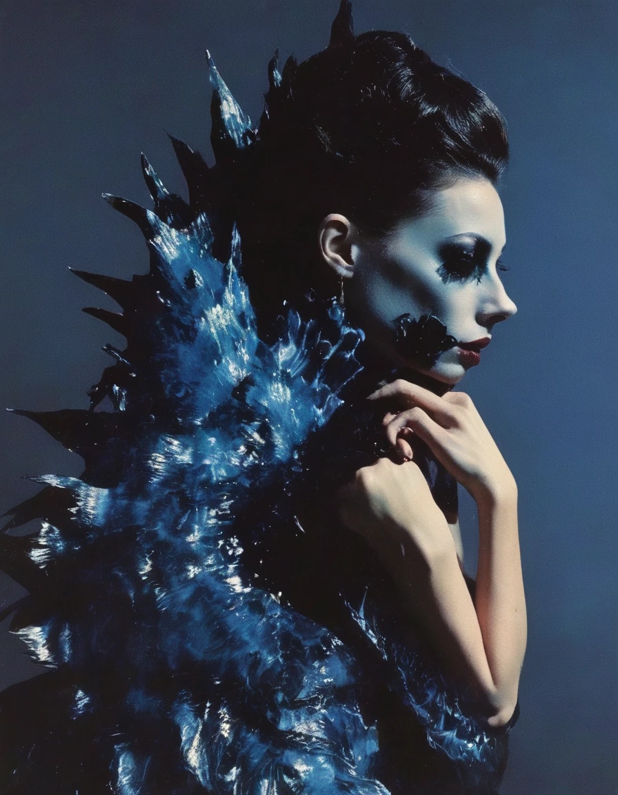 film photography, vintage, fashion shoot of female horror monster, blue dark background