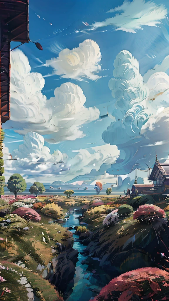 painting of a house and window in golden light in a field and morning time no blur quality FHD with a tree and flowers, anime sky, anime landscape wallpaper, anime countryside landscape, anime landscape, anime clouds, anime background, anime background art, anime art wallpaper 4 k, anime art wallpaper 4k, studio ghibli sky, 4 k manga wallpaper, 4k anime wallpaper, anime wallpaper 4k, anime wallpaper 4 k, anime scenery