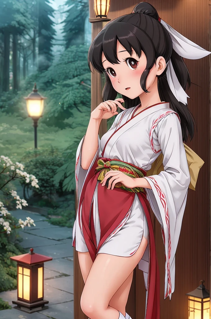 An exquisitely detailed CG artwork depicting shizuka, a solitary shrine maiden, in the highest quality. Featuring a delicate white ribbon and socks, large breasts, and wide hips, this masterpiece illustration showcases the beauty of solo female characters.