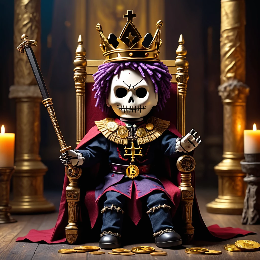 (knitted toy voodoo doll:1.8), (voodoo king:1.3), (clothes torn royal cloak, dark crown, golden scepter:1.2), (with bitcoin coin:1.8), (sitting on throne:1.4), (in the background ruined throne room, fallen columns, moonlight:1.3), gothic atmosphere, best quality, masterpiece, detailed soft oil painting, detailed background, dramatic cinematic lighting, soft edge lighting, professional, dramatic lighting, hard edge lighting, ultra quality, 4k, masterpiece, best quality, 8k, ultra high definition, high resolution, extremely detailed