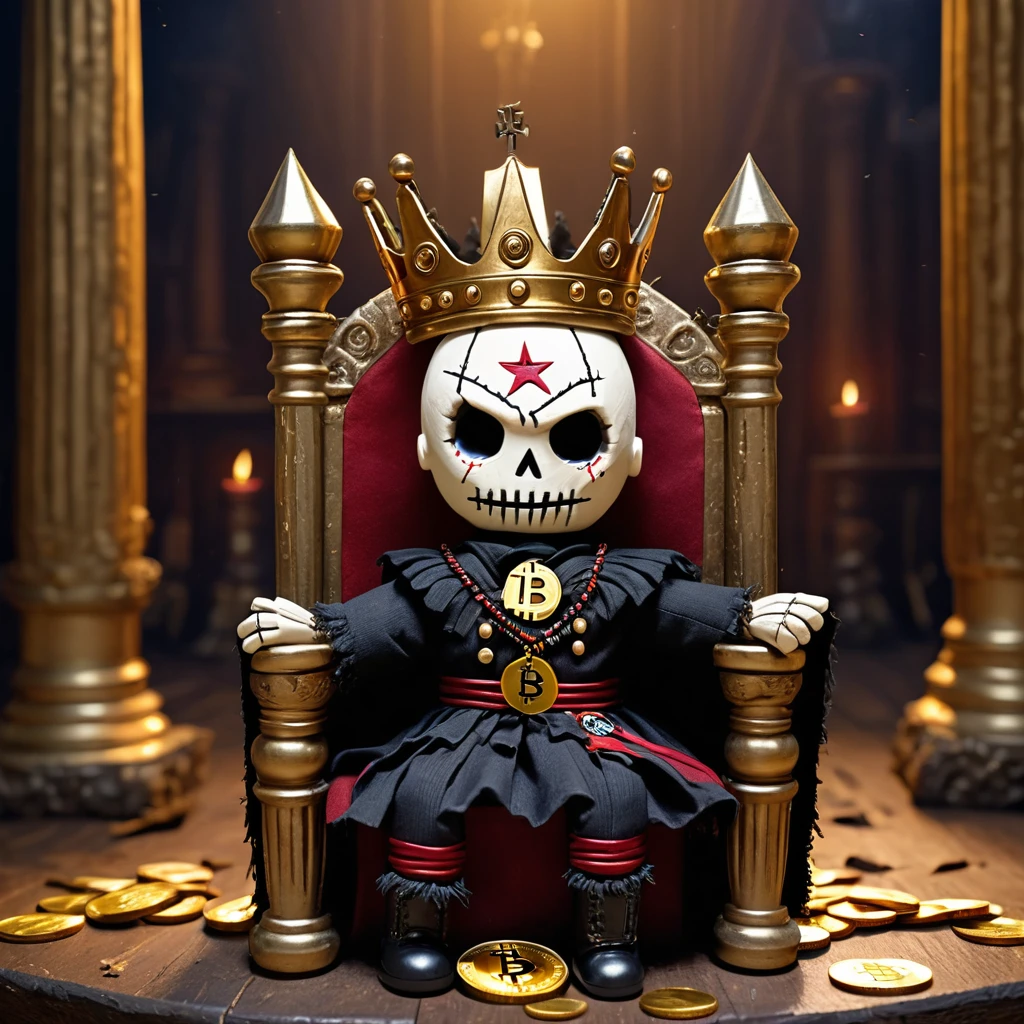 (knitted toy voodoo doll:1.8), (voodoo king:1.3), (clothes torn royal cloak, dark crown, golden scepter:1.2), (with bitcoin coin:1.8), (sitting on throne:1.4), (in the background ruined throne room, fallen columns, moonlight:1.3), gothic atmosphere, best quality, masterpiece, detailed soft oil painting, detailed background, dramatic cinematic lighting, soft edge lighting, professional, dramatic lighting, hard edge lighting, ultra quality, 4k, masterpiece, best quality, 8k, ultra high definition, high resolution, extremely detailed