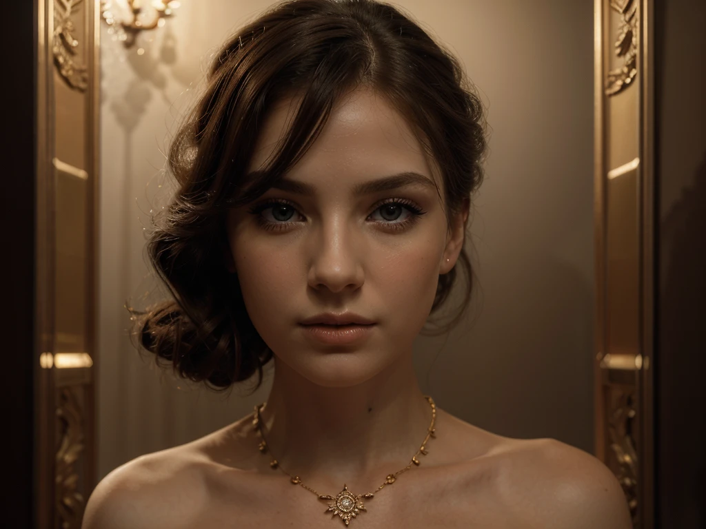 A chiaroscuro portrait of a woman, beautiful detailed eyes, beautiful detailed lips, extremely detailed eyes and face, long eyelashes, porcelain skin, elegant hairstyle, intricate jewelry, dramatic lighting, Renaissance style, dramatic shadows, warm golden tones, dramatic chiaroscuro lighting, ultra-detailed, 8k, photorealistic, masterpiece, cinematic, dramatic atmosphere, elegant and regal