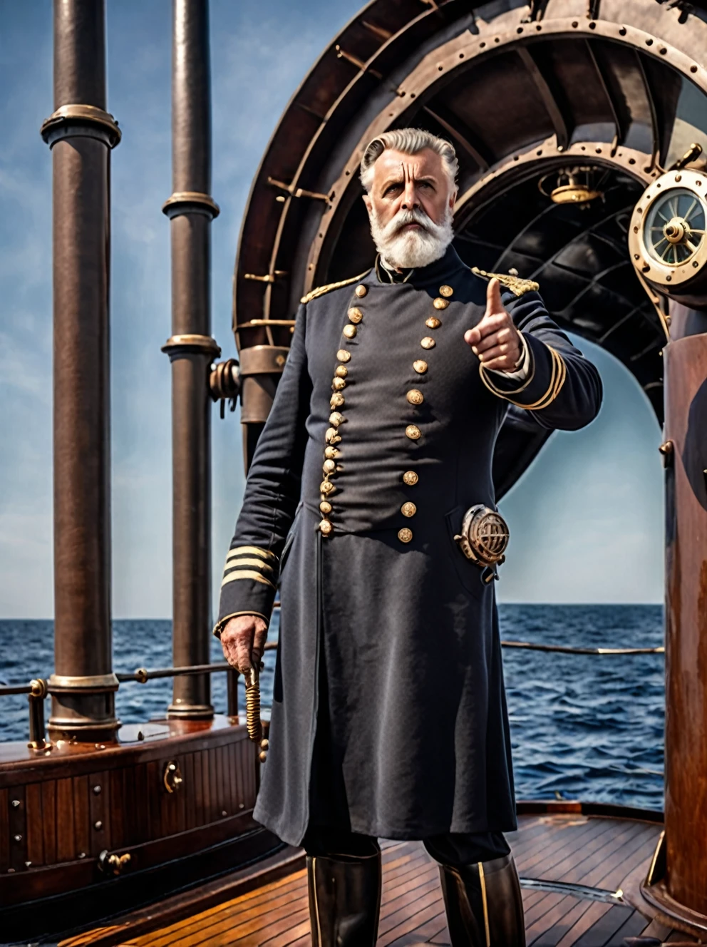 photo focus on male focus, outdoors, realistic scenery, (captain nemo:1.1), standing on the deck of his nautilus submarine, pointing , close-up, arch, chair, loaded military uniform, steampunk nautilus-style. very wide shot, character photo portrait, film, professional, 4k, highly detailed