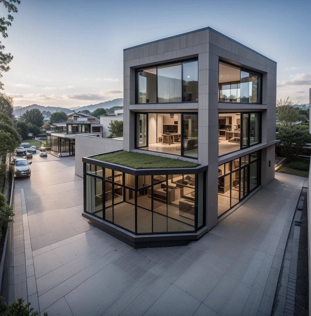 RAW photo, a photo of a modern villa with a car parked in front of it, ((1/2 dark grey wood facade)), architectural shot, gate, road, viet nam modern residence, rough white wall, new residential area, wide angle exterior 2022, contemporary house, exterior photography, masterpiece, contemporary architecture, overcast, indirect lighting