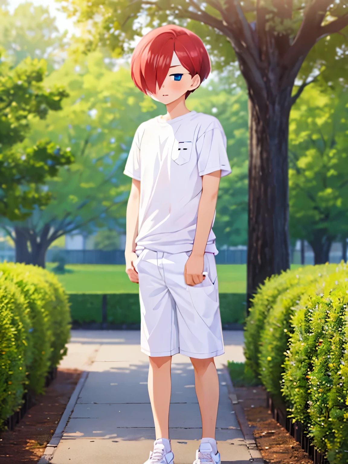 1boy, solo, male focus, kyoutarou_ichikawa, red hair, blue eyes, short hair, hair over one eye, bangs,Standing in the park,blush, Awestruck expression,White t-shirt,Plain t-shirt, white trousers,full body photo 