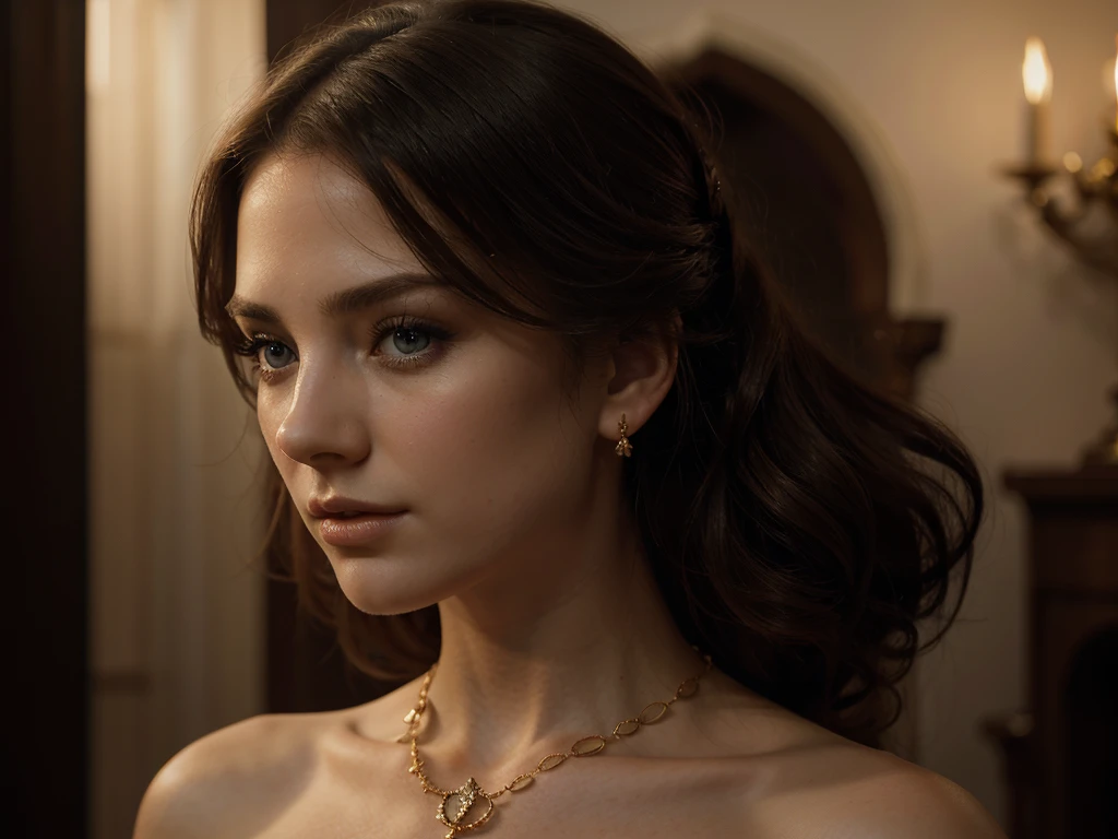 A chiaroscuro portrait of a woman, beautiful detailed eyes, beautiful detailed lips, extremely detailed eyes and face, long eyelashes, porcelain skin, elegant hairstyle, intricate jewelry, dramatic lighting, Renaissance style, dramatic shadows, warm golden tones, dramatic chiaroscuro lighting, ultra-detailed, 8k, photorealistic, masterpiece, cinematic, dramatic atmosphere, elegant and regal