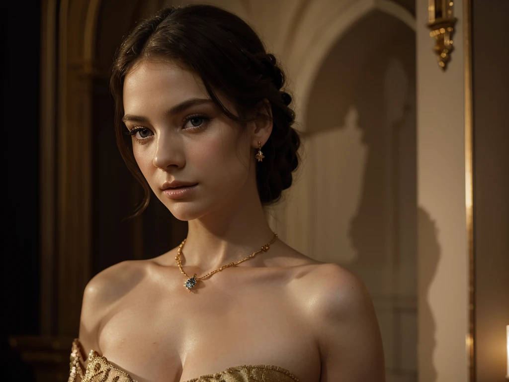 A chiaroscuro portrait of a woman, beautiful detailed eyes, beautiful detailed lips, extremely detailed eyes and face, long eyelashes, porcelain skin, elegant hairstyle, intricate jewelry, dramatic lighting, Renaissance style, dramatic shadows, warm golden tones, dramatic chiaroscuro lighting, ultra-detailed, 8k, photorealistic, masterpiece, cinematic, dramatic atmosphere, elegant and regal