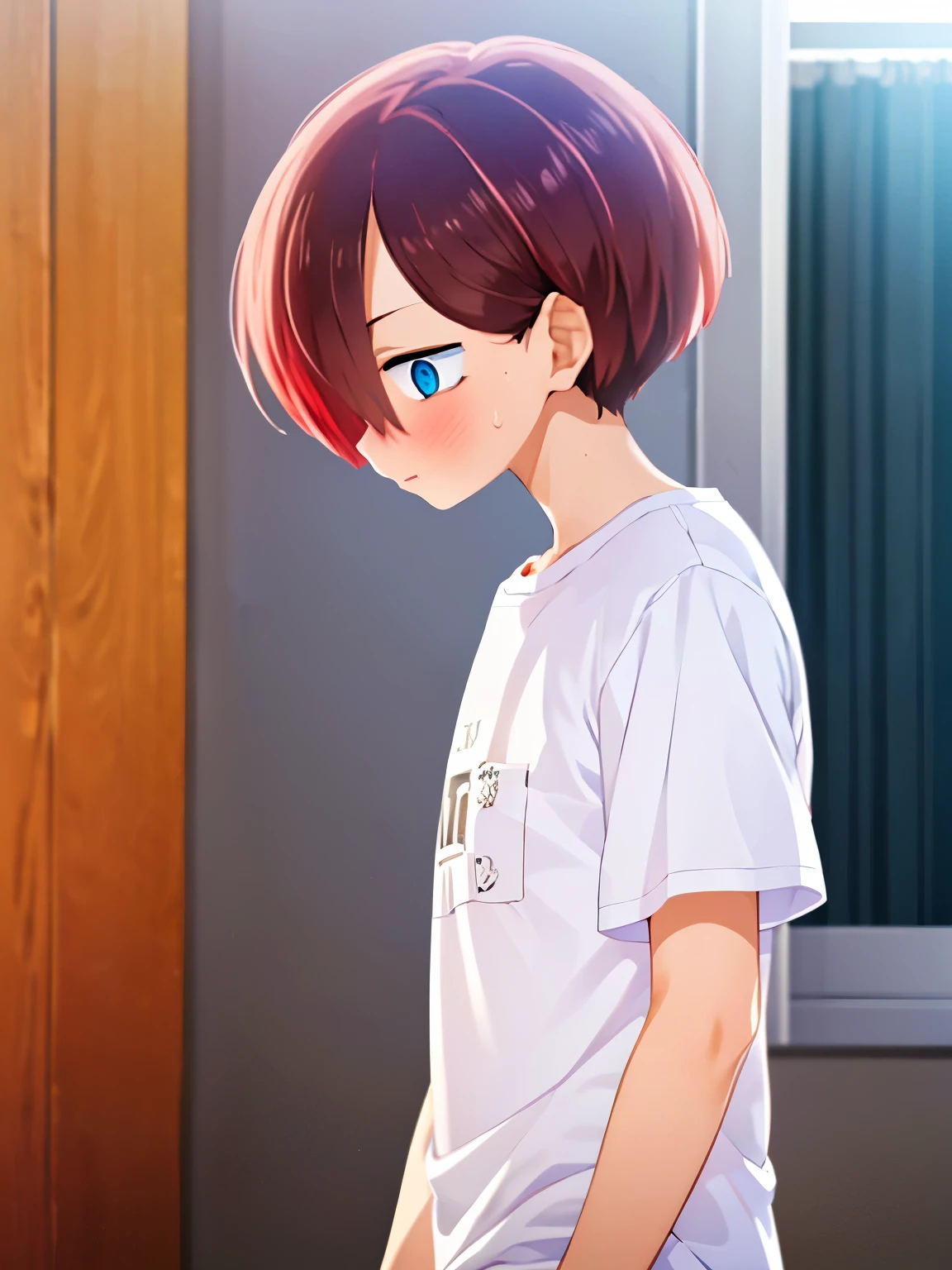 1boy, solo, male focus, kyoutarou_ichikawa, red hair, blue eyes, short hair, hair over one eye, bangs, Standing,blush, White t-shirt,Plain t-shirt, white trousers,Facing left, camera angle from the side, photo from the side, looking away,