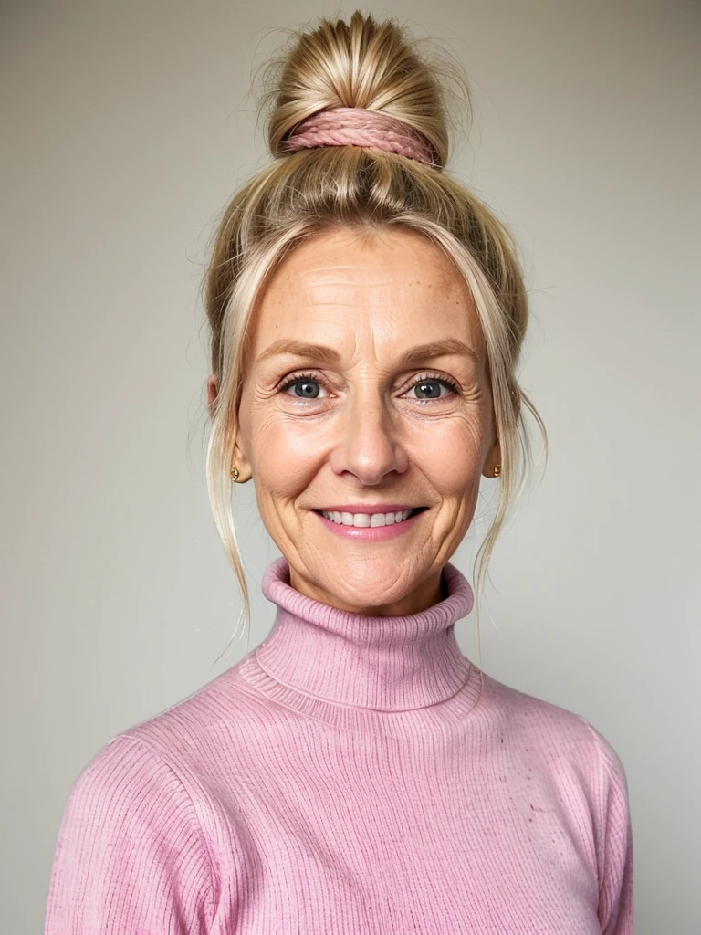 photo of a skinny very old wrinkly-faced faced mature blonde messy long hair thrown into a messy bun ponytail. She wears: (turtleneck soft high ribbed different bright baby pink super tight sweater:1.1), submissive seductive pose, high tight ribbed neck, seductive smile, perfect fake tits, horny eager granny, teasing sexy old lady