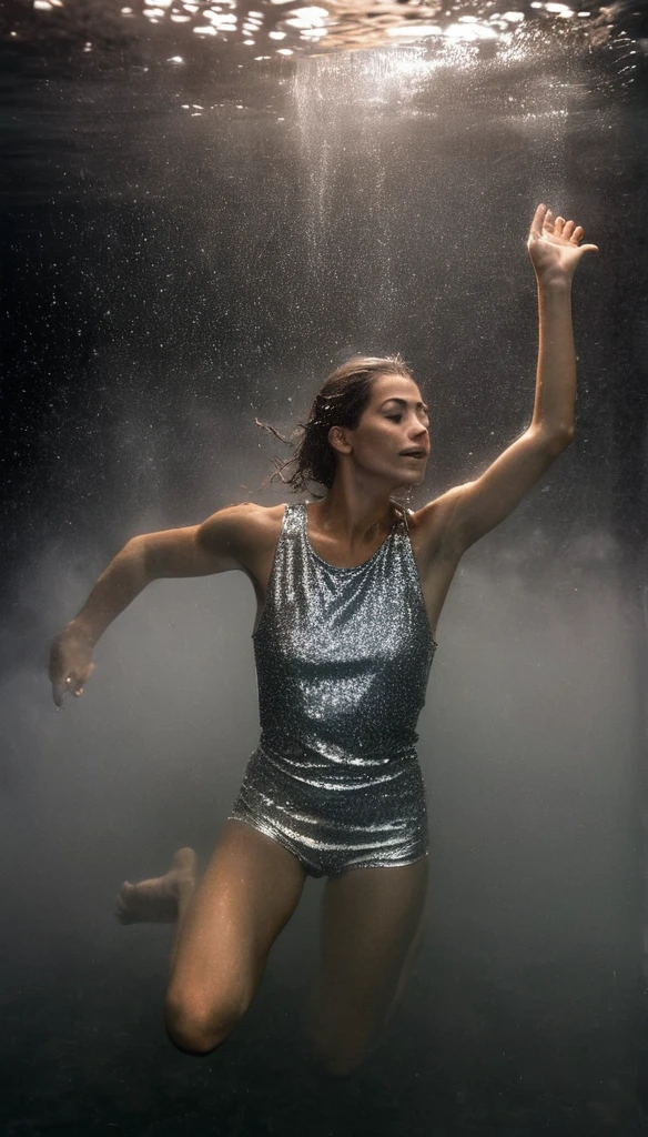 A beautiful woman in silver glitter dress and matching shorts diving under black water, so dark you can only see her upper body parts, misty, thick fog, camera flash lighting, dynamic angle