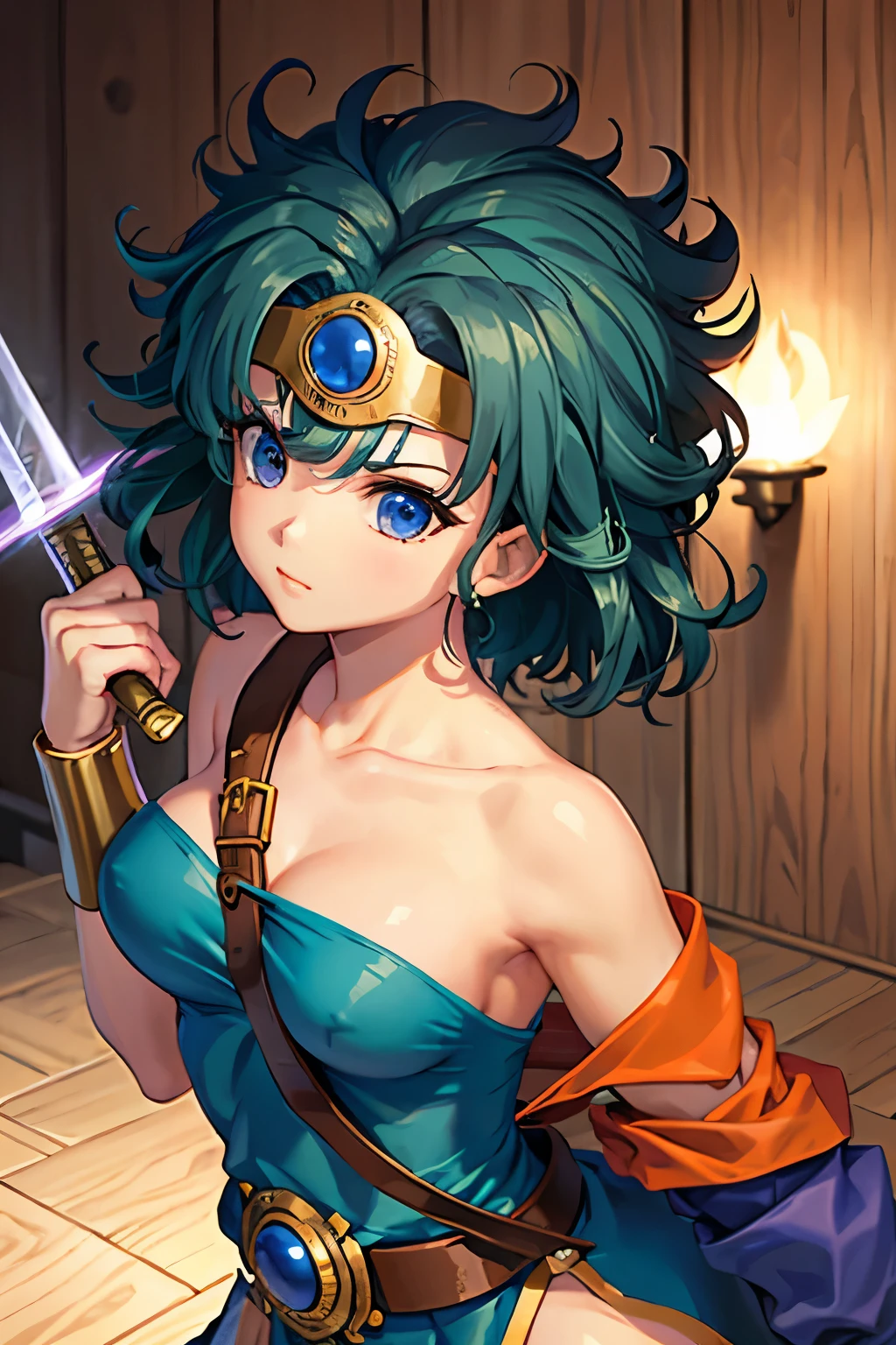 （（（ＳＦＷ、sound、Highest quality、first-class、masterpiece、Normal body、8K、Detailed face、Ultra-precision、Normal hand、Normal finger、５Finger、Highest）））、beautiful girl、Black Hair、Yamato Nadeshiko、Small 、Shortcuts、Blue leotard、Shoulder Off、Black paleo skirt、Red cloak、Circlet、 Sword、DRAGON QUEST