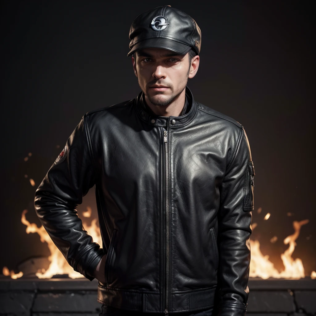 Man with arms and legs, black leather jacket, cap with the word MKZ covering the forehead, flames, arma SNIPER, super realistic texture in 8k, street graffiti background