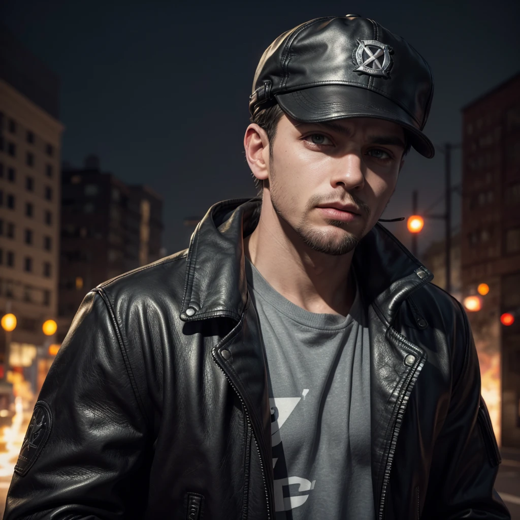 Man with arms and legs, black leather jacket, cap with the word MKZ covering the forehead, flames, arma SNIPER, super realistic texture in 8k, street graffiti background