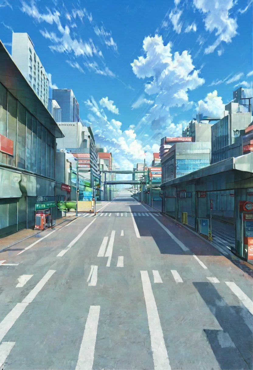 score_9, score_8_up, score_7_up, dijor, prespective view of a road, surround by architectural big buildings on left and right, upview, straught view, blue sky, clouds,