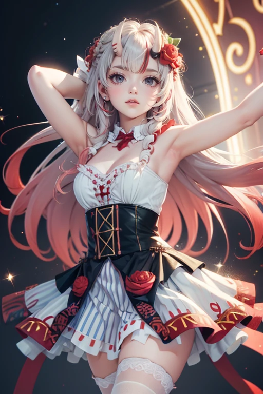 1girl, long hair, long flowing hair, floating hair, ornament hair, perfectly body, perfectly hands, rose on hair, red rose on hair, 1 girl, Looking at the audience, flowing hair, Beautiful Eyes, Plump and glossy lips, Idol, dress with too many frills, white dress, red laces, white Short skirt, , small skirt, skirt with layers, Drape clothes, red gem, Lace trim, bright stage, luxury gold details, gold jewelry, more details, best quality, Big sparkling eyes, blushing, Striped Lace Stockings, white Lolita skirt, sparkle, solo, centered girl, cowboy shot, perfectly body, perfectly hands, two arms, two legs, two hands, five fingers, perfect anatomy, glowing hair, red roses, on the stage, sparkles, more details on her clothes, dress with transparency, golden details on her dress, night, holding a microphone, ((4k, masterpiece, top-quality)), 8k, best quality, high resolution, UHD, (illustration:0.8), super cute girl, delicate and beautiful face, mature girl, super cute hairstyle, (beautiful detailed eyes:1.6), extremely detailed face, perfect lighting, extremely detailed CG, (perfect hands, perfect anatomy), Best quality, cleavage