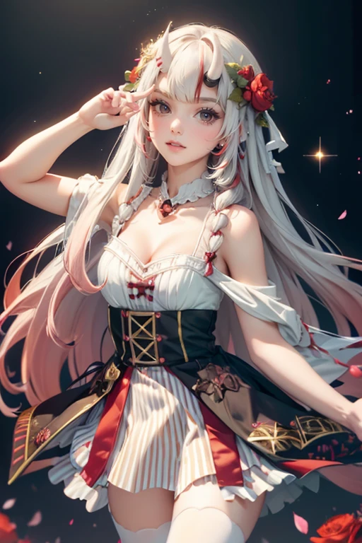 1girl, long hair, long flowing hair, floating hair, ornament hair, perfectly body, perfectly hands, rose on hair, red rose on hair, 1 girl, Looking at the audience, flowing hair, Beautiful Eyes, Plump and glossy lips, Idol, dress with too many frills, white dress, red laces, white Short skirt, , small skirt, skirt with layers, Drape clothes, red gem, Lace trim, bright stage, luxury gold details, gold jewelry, more details, best quality, Big sparkling eyes, blushing, Striped Lace Stockings, white Lolita skirt, sparkle, solo, centered girl, cowboy shot, perfectly body, perfectly hands, two arms, two legs, two hands, five fingers, perfect anatomy, glowing hair, red roses, on the stage, sparkles, more details on her clothes, dress with transparency, golden details on her dress, night, holding a microphone, ((4k, masterpiece, top-quality)), 8k, best quality, high resolution, UHD, (illustration:0.8), super cute girl, delicate and beautiful face, mature girl, super cute hairstyle, (beautiful detailed eyes:1.6), extremely detailed face, perfect lighting, extremely detailed CG, (perfect hands, perfect anatomy), Best quality, cleavage