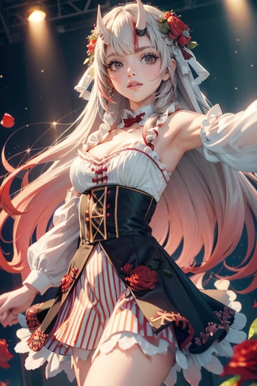 1girl, long hair, long flowing hair, floating hair, ornament hair, perfectly body, perfectly hands, rose on hair, red rose on hair, 1 girl, Looking at the audience, flowing hair, Beautiful Eyes, Plump and glossy lips, Idol, dress with too many frills, white dress, red laces, white Short skirt, , small skirt, skirt with layers, Drape clothes, red gem, Lace trim, bright stage, luxury gold details, gold jewelry, more details, best quality, Big sparkling eyes, blushing, Striped Lace Stockings, white ta skirt, sparkle, solo, centered girl, cowboy shot, perfectly body, perfectly hands, two arms, two legs, two hands, five fingers, perfect anatomy, glowing hair, red roses, on the stage, sparkles, more details on her clothes, dress with transparency, golden details on her dress, night, holding a microphone, ((4k, masterpiece, top-quality)), 8k, best quality, high resolution, UHD, (illustration:0.8), super cute girl, delicate and beautiful face, mature girl, super cute hairstyle, (beautiful detailed eyes:1.6), extremely detailed face, perfect lighting, extremely detailed CG, (perfect hands, perfect anatomy), Best quality, cleavage
