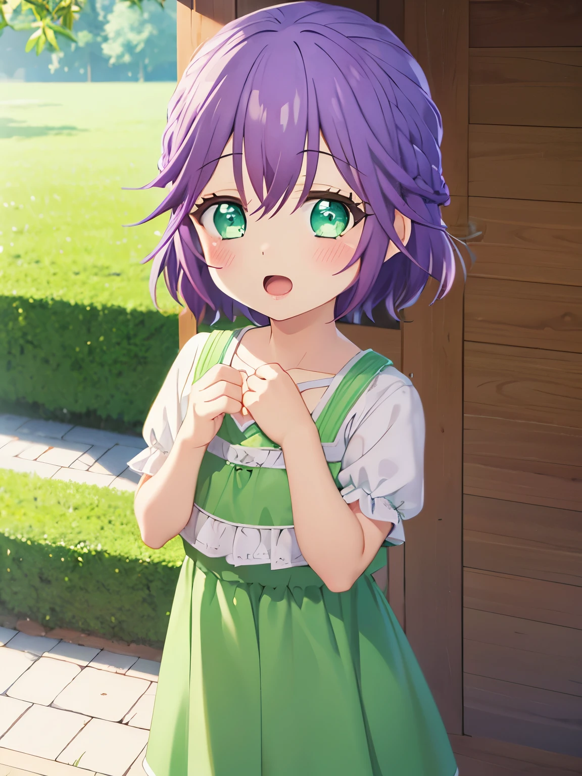 1  girl,5 yeare,hiro_segawa, purple hair, green eyes, short hair, bangs, hair between eyes, braid, upper body,Short green dress ,standing in the kingdom,blush,Surprised expression 