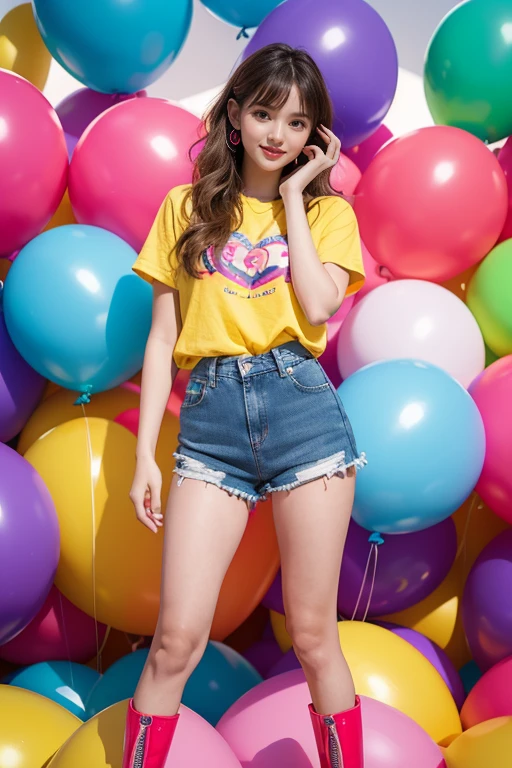 highest quality、4K、Generate a hyper-realistic image of a beautiful woman posed dynamically among colorful, whimsical balloon-like shapes. She is wearing a bright yellow fitted t-shirt and denim short shorts, accentuating her playful and youthful look. Her outfit is complemented by shiny yellow high-heeled boots. Her hair is styled in soft waves, partially up, and she has a thoughtful yet alluring expression. The background is a vibrant orange, adding a lively and energetic feel to the image. Ensure the balloons are in shades of blue, pink, and purple, with heart and star decorations to enhance the fun and festive atmosphere."