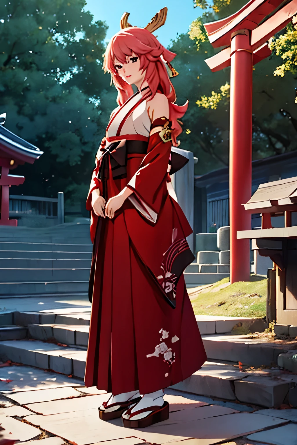 1girl, csm anime style, yae_miko_genshin, stand, full body, japanese shrine, miko,red hakama, full body hakama, detailed face