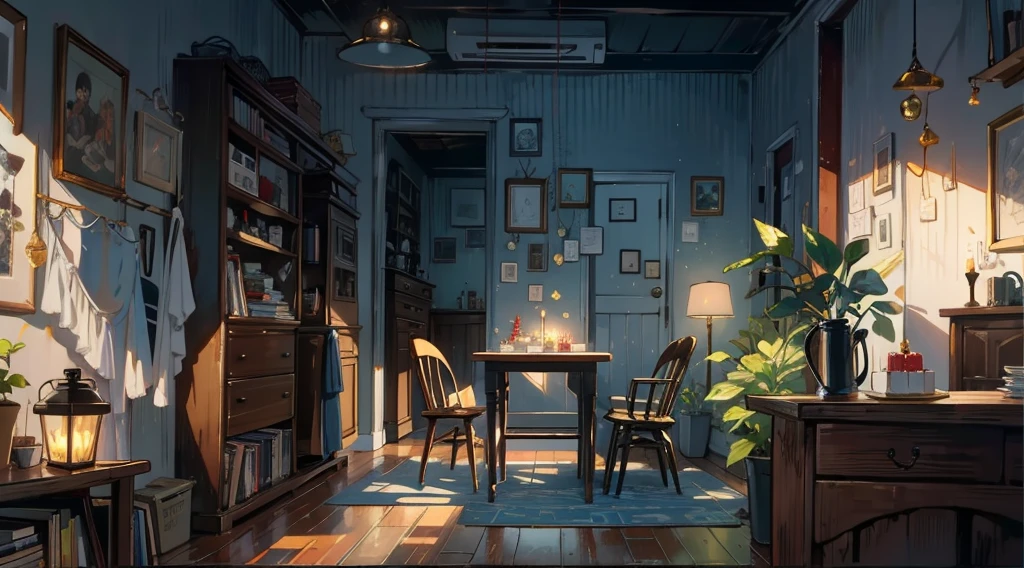 (best quality,masterpiece:1.2,detailed details,4k),A dim old apartment, a small birthday cake on an old wooden table, a modern apartment, an alarm clock on the wall, an anime scene,the wooden floor,