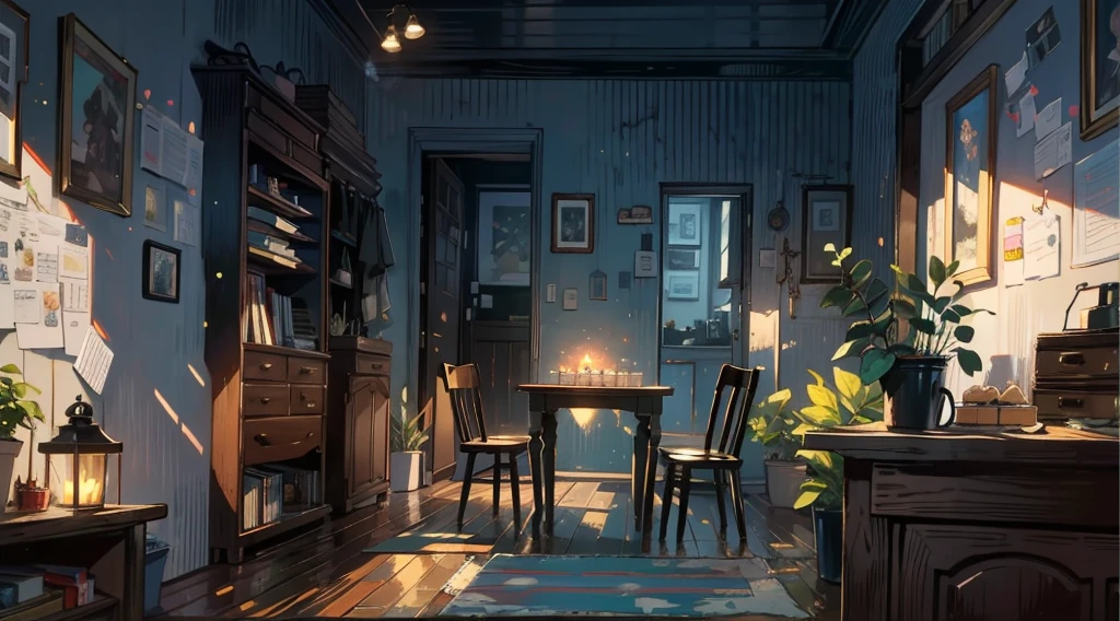 (best quality,masterpiece:1.2,detailed details,4k),A dim old apartment, a small birthday cake on an old wooden table, a modern apartment, an alarm clock on the wall, an anime scene,the wooden floor,