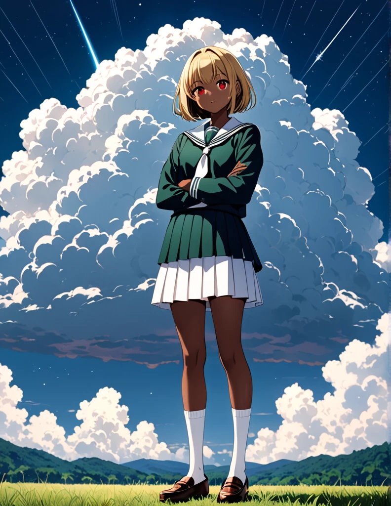 ((masterpiece, Highest quality)), High resolution, 8K, Cinematic Light, High Contrast, Depth of written boundary, A 17-year-old Japanese girl, Catholic high school student, Blonde bob cut, beautiful red eyes, neatly aligned bangs, tanned chocolate skin, black gal style, traditional dark green sailor uniform, white tie, white sailor collar, white socks, loafers, full body, standing with a confident expression, arms crossed, perfect lighting,
A blue sky, a summer cumulonimbus, a single shooting star, an insolent face, standing with his legs apart shoulder-width apart