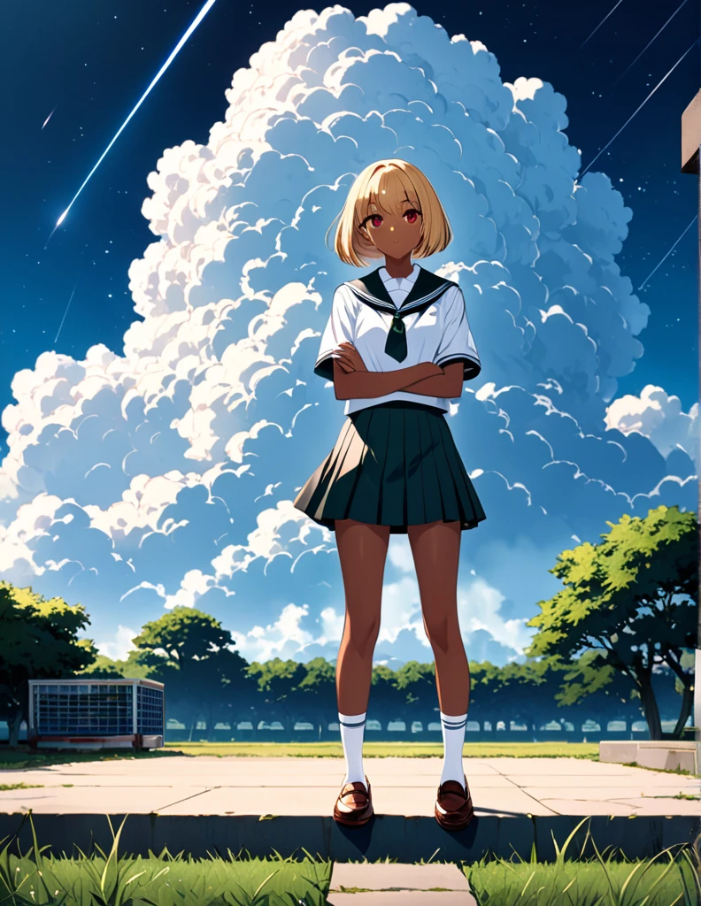 ((masterpiece, Highest quality)), High resolution, 8K, Cinematic Light, High Contrast, Depth of written boundary, A 17-year-old Japanese girl, Catholic high school student, Blonde bob cut, beautiful red eyes, neatly aligned bangs, tanned chocolate skin, black gal style, traditional dark green sailor uniform, white tie, white sailor collar, white socks, loafers, full body, standing with a confident expression, arms crossed, perfect lighting,
A blue sky, a summer cumulonimbus, a single shooting star, an insolent face, standing with his legs apart shoulder-width apart