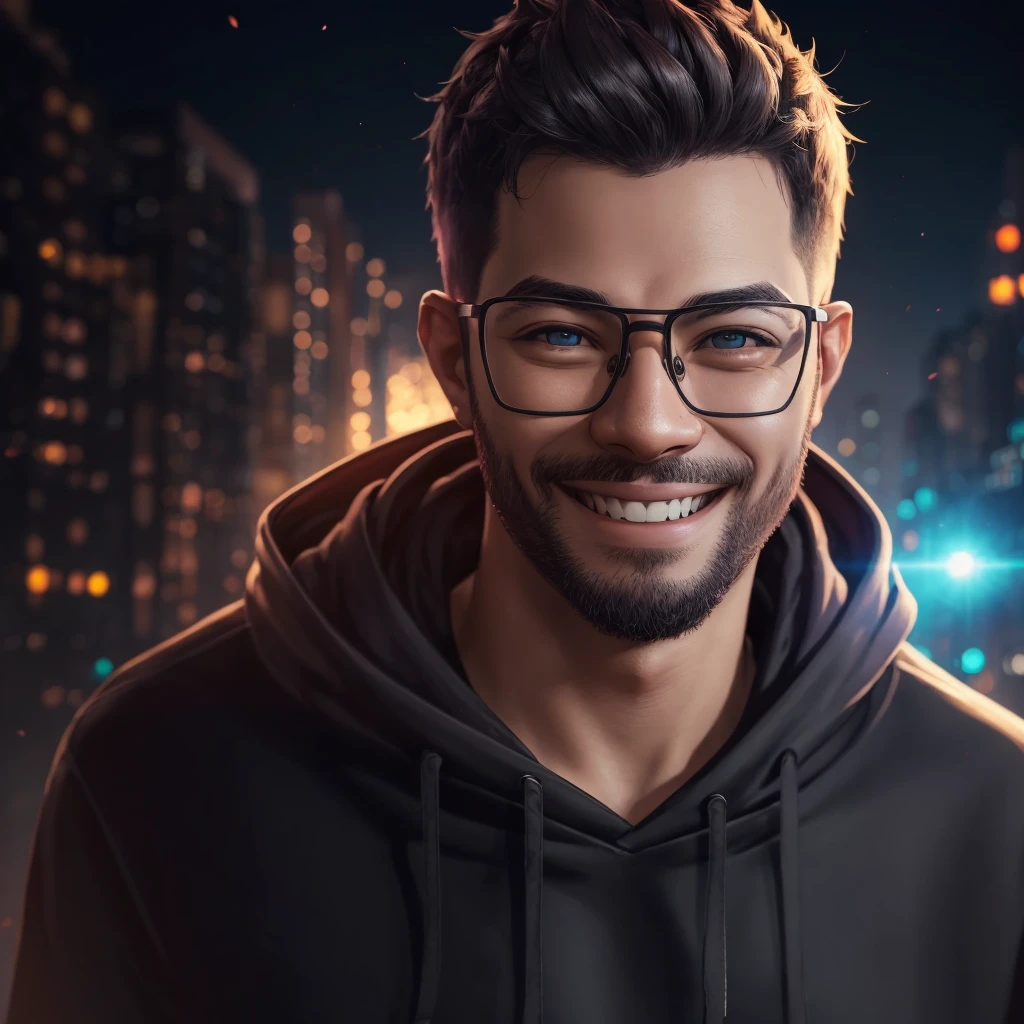 1 man wearing glasses, hoodie, happy smiling expression, detailed portrait, digital art, character design, twitch streamer, avatar, nft, high quality, cinematic lighting, vibrant colors, intricate details, photorealistic, hyper detailed, trending art style