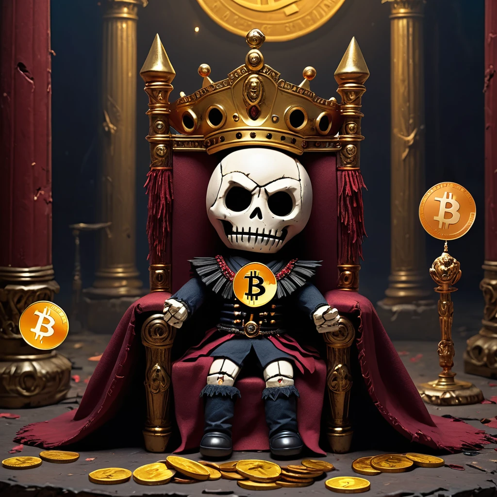 (knitted toy voodoo doll:1.8), (voodoo king:1.3), (clothes torn royal cloak, dark crown, golden scepter:1.2), (with bitcoin coin:1.8), (sitting on throne:1.4), (in the background ruined throne room, fallen columns, moonlight:1.3), gothic atmosphere, best quality, masterpiece, detailed soft oil painting, detailed background, dramatic cinematic lighting, soft edge lighting, professional, dramatic lighting, hard edge lighting, ultra quality, 4k, masterpiece, best quality, 8k, ultra high definition, high resolution, extremely detailed