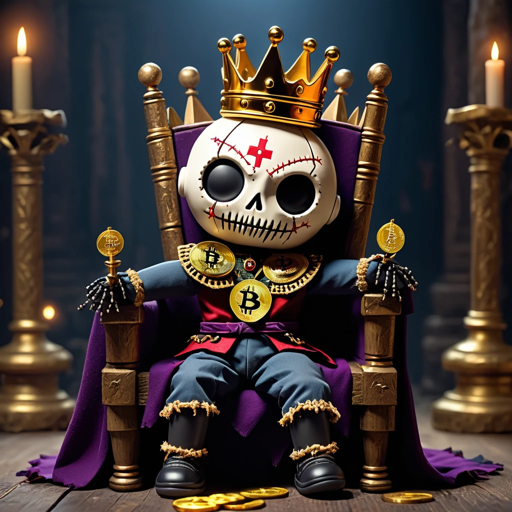 (knitted toy voodoo doll:1.8), (voodoo king:1.3), (clothes torn royal cloak, dark crown, golden scepter:1.2), (with bitcoin coin:1.8), (sitting on throne:1.4), (in the background ruined throne room, fallen columns, moonlight:1.3), gothic atmosphere, best quality, masterpiece, detailed soft oil painting, detailed background, dramatic cinematic lighting, soft edge lighting, professional, dramatic lighting, hard edge lighting, ultra quality, 4k, masterpiece, best quality, 8k, ultra high definition, high resolution, extremely detailed