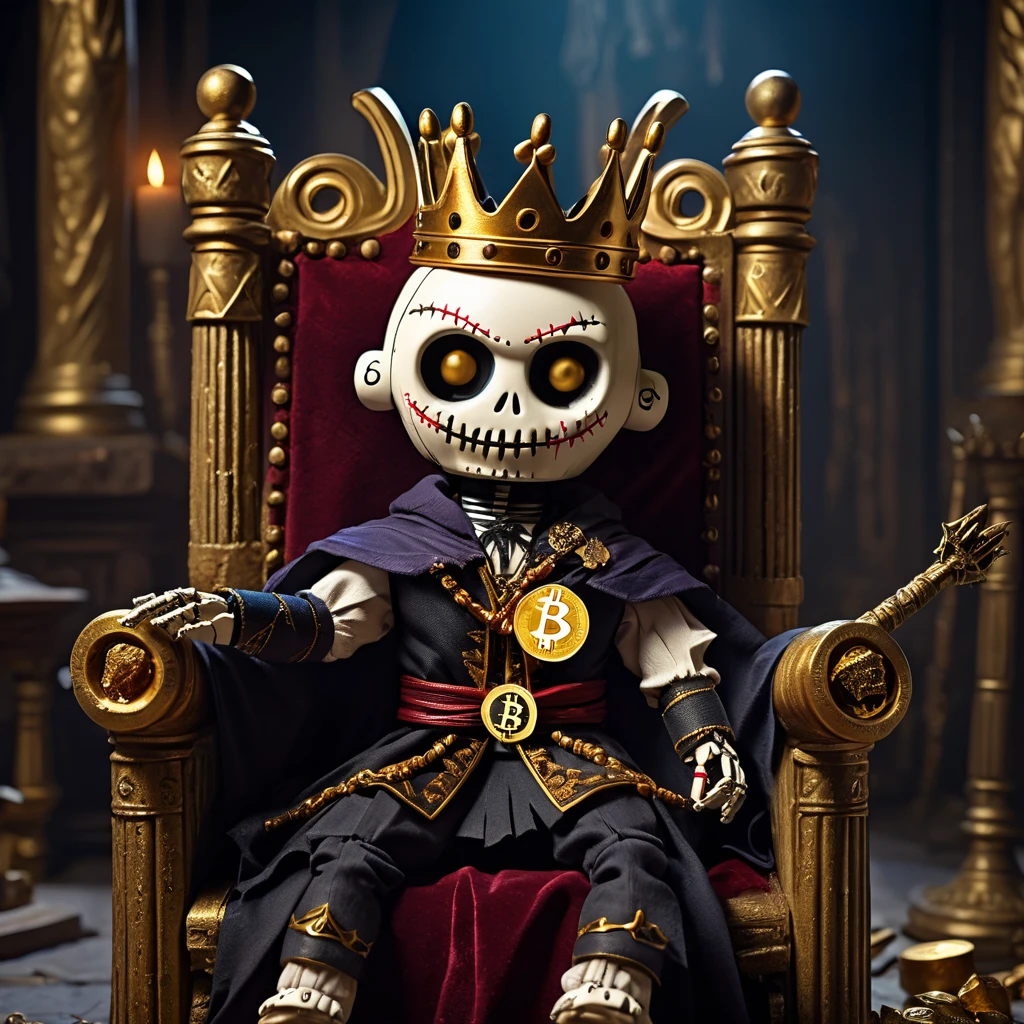 (knitted toy voodoo doll:1.8), (voodoo king:1.3), (clothes torn royal cloak, dark crown, golden scepter:1.2), (with bitcoin coin:1.8), (sitting on throne:1.4), (in the background ruined throne room, fallen columns, moonlight:1.3), gothic atmosphere, best quality, masterpiece, detailed soft oil painting, detailed background, dramatic cinematic lighting, soft edge lighting, professional, dramatic lighting, hard edge lighting, ultra quality, 4k, masterpiece, best quality, 8k, ultra high definition, high resolution, extremely detailed