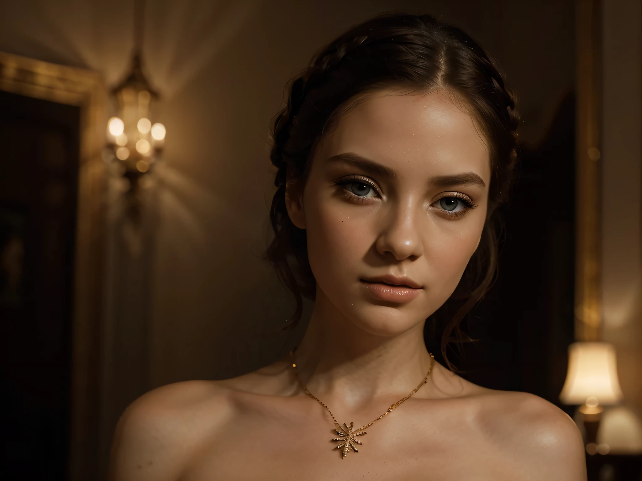 A chiaroscuro portrait of a woman, beautiful detailed eyes, beautiful detailed lips, extremely detailed eyes and face, long eyelashes, porcelain skin, elegant hairstyle, intricate jewelry, dramatic lighting, Renaissance style, dramatic shadows, warm golden tones, dramatic chiaroscuro lighting, ultra-detailed, 8k, photorealistic, masterpiece, cinematic, dramatic atmosphere, elegant and regal