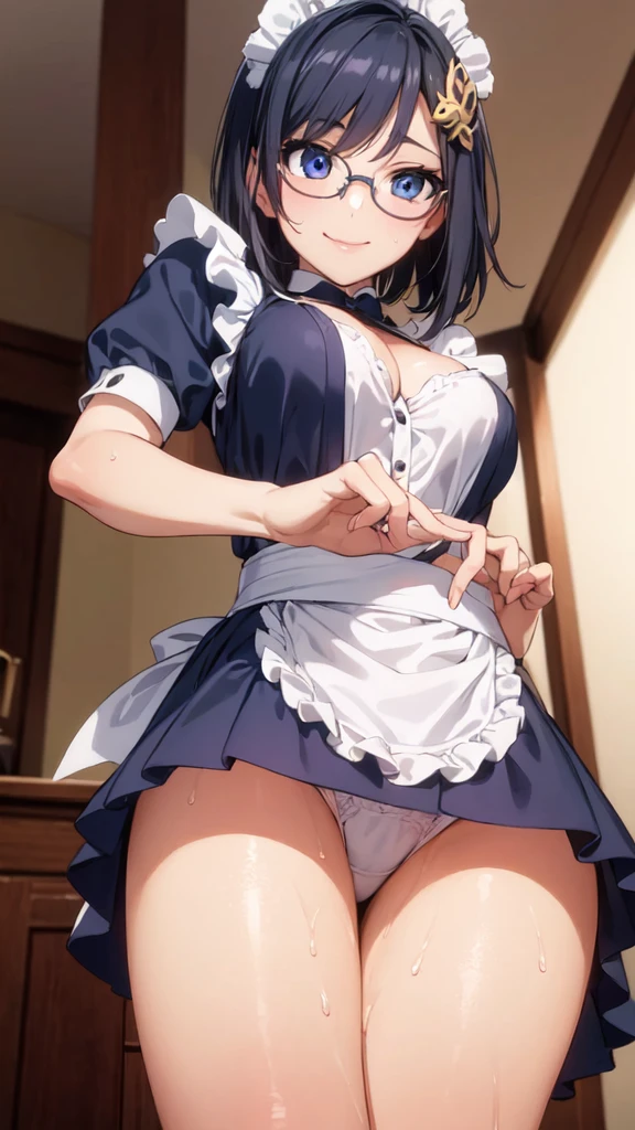 (From below:1.4),One Girl,18-year-old,(Perfect hands:1.3), Perfect Fingers,Perfect , (masterpiece:1.3), Highest quality,Realistic, hyperRealistic, 16k hdr, morning, short hair,Put your arms behind your back,Aesthetic Anime Eyes,Condescending eyes,Beautiful Eyes,(Beautiful female hands:1.3),Small hands,(Thin fingers:1.3), (Navy Blue Hair), blue eyes, Glasses,Something like that, Cafe,Are standing,(Sweat:1.3),(smile:1.2),Big Breasts,Cleavage,(Sexy maid outfit,Head ornament:1.2),Ultra ,Frills,Sexy maid outfit,White ,raise one leg slightly,