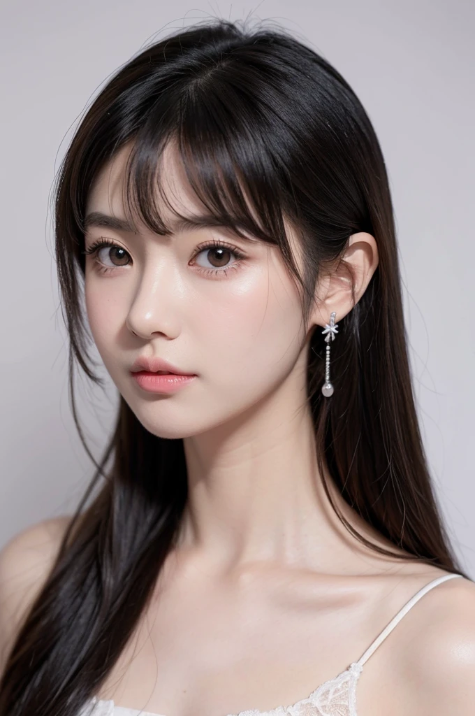 1. Style: Japanese manga, pencil sketch
2. Character: young girl, long hair with bangs, wavy hair
3. Eyes: big eyes with sparkle, gentle expression
4. Mouth: small lips, slight smile
5. Accessories: small earring
6. Additional details: detailed and delicate shading, soft and refined lines