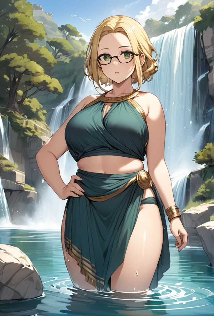 chubby girl, blonde, green eyes, medium length hair,open forehead, no bangs, square-rimmed black glasses
Greek style of clothing, ancient Greece, sexy, open hips
water, lake, waterfall