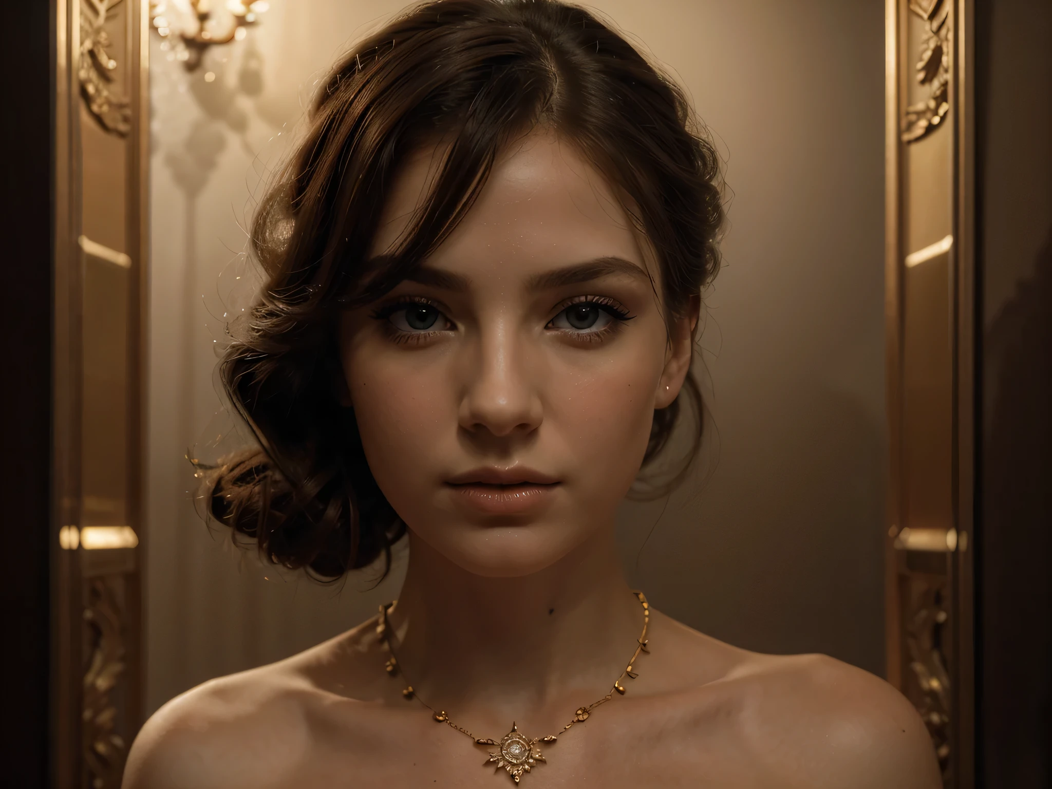 A chiaroscuro portrait of a woman, beautiful detailed eyes, beautiful detailed lips, extremely detailed eyes and face, long eyelashes, porcelain skin, elegant hairstyle, intricate jewelry, dramatic lighting, Renaissance style, dramatic shadows, warm golden tones, dramatic chiaroscuro lighting, ultra-detailed, 8k, photorealistic, masterpiece, cinematic, dramatic atmosphere, elegant and regal
