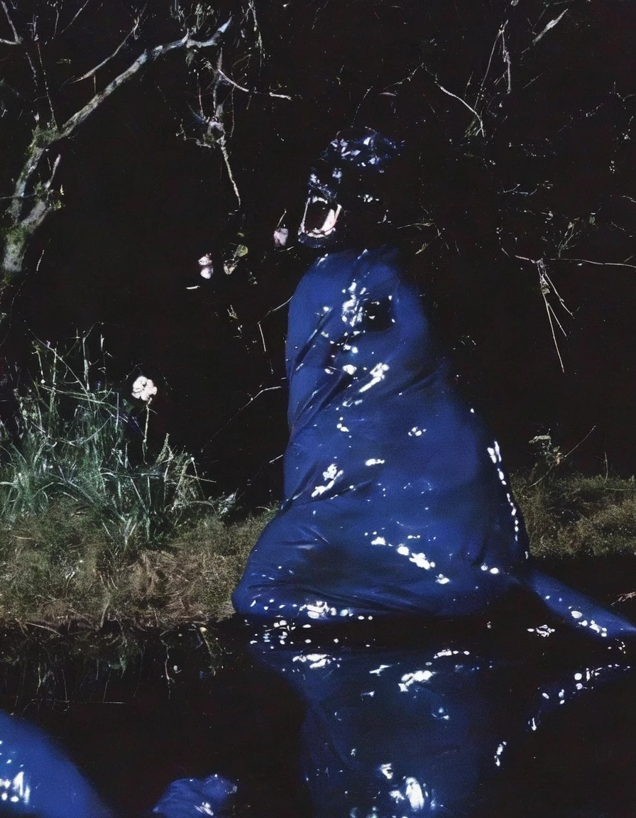 film photography, vintage, arthouse shoot of horror dark blue night forest