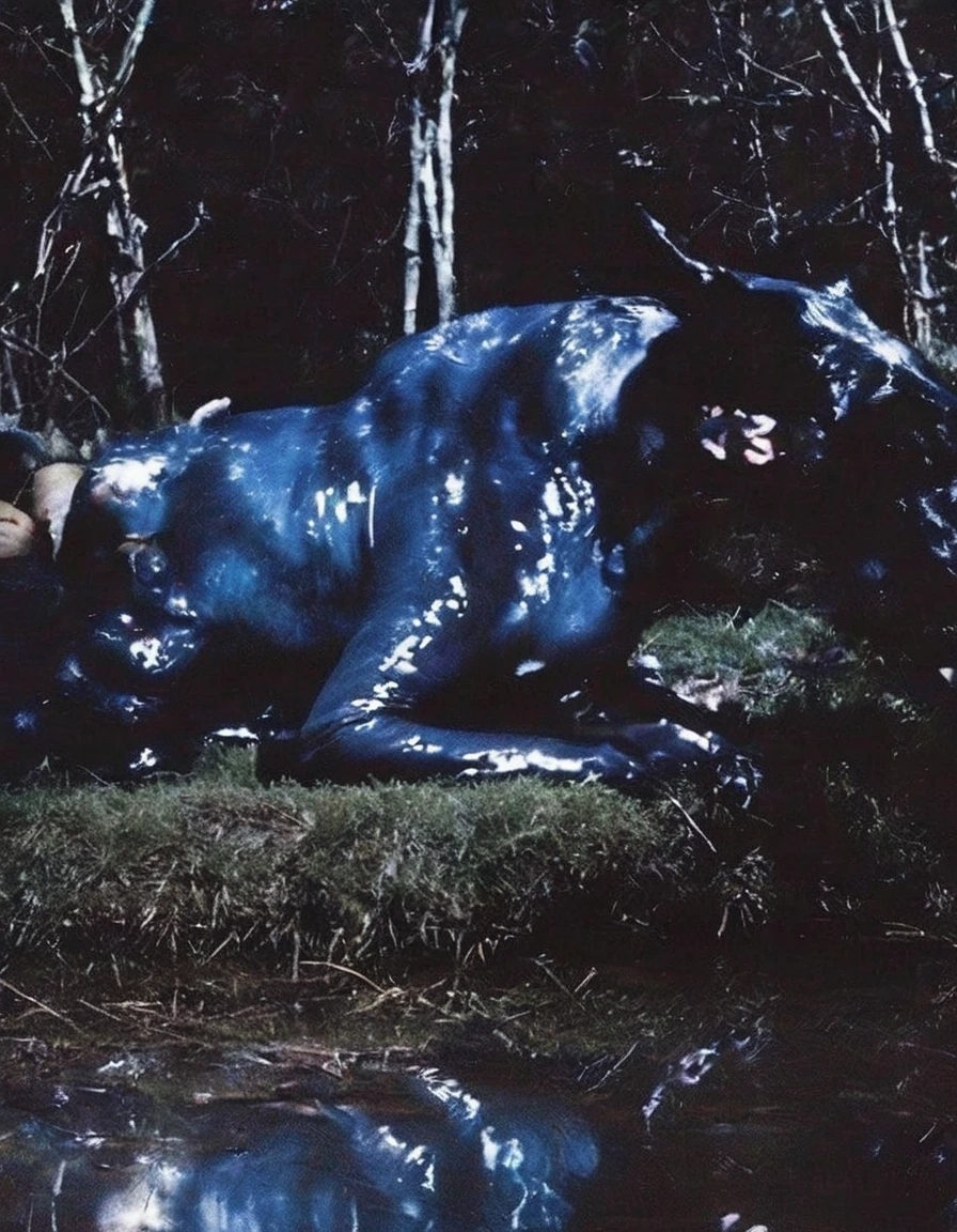 film photography, vintage, arthouse shoot of horror dark blue night forest