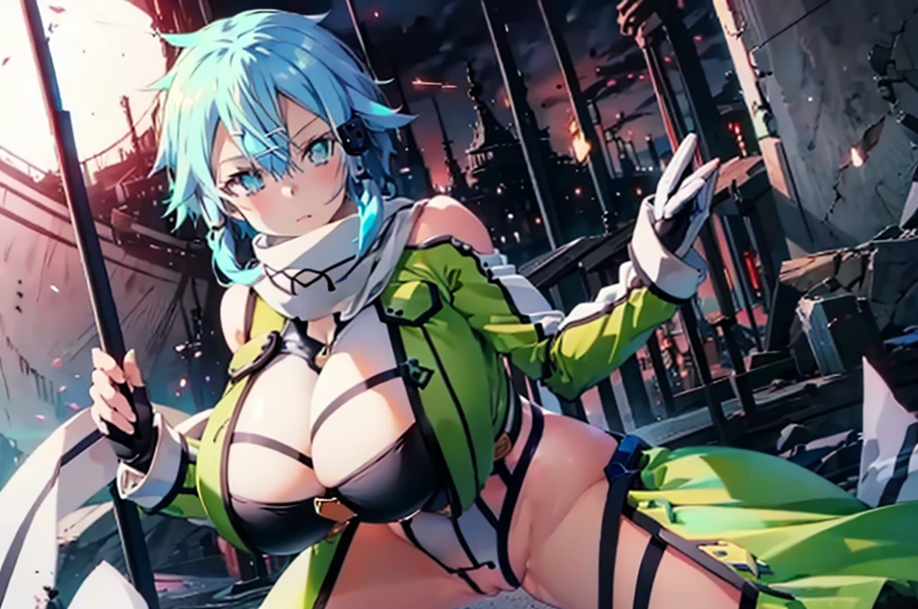 Chinon 1, (((Sinon-GGO))),  Shinono, Long hair short hair, Hair between the eyes, Side Lock, Huge breasts, Revealing clothing, Blue clothes, gloves, Thighs Thighs Thighs Thighs, (Off the shoulder, Bare shoulders), (Underbust:1.5), (abdomen, belly button, String), Chinon 1, scarf, fingerless gloves, Long sleeve, Short shorts, hair ornaments, Barrette, green Thighs Thighs Thighs Thighs, Green jacket, thigh strap Huge breasts, 溢れるLong chest, Huge breasts, Abnormally large, Unusually big breasts, Long chest、Lower Breast, ((Highest quality)), ((R-18)), (Dirty pervert), (Huge breasts:2.0), One girl, Erotic squatting, Erotic Costumes, Exposing breasts,