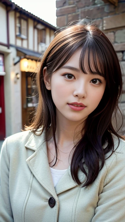 (8K, RAW Photos, Highest quality, masterpiece:1.3), (Realistic, photo-Realistic:1.4), (Highly detailed 8K wallpaper), Sharp focus, Written boundary depth,
 Japanese Idols,very cute, (coat:1.3),(Medium Hair: 1.3), Upper Body, Highly detailed face and eyes,((Shiny skin:1.2)), Cinema Lighting, Soft Light, Blur the background,( Old European village street in the early morning, Cobblestone Street, A bakery filled with warm light and a pleasant aroma.)