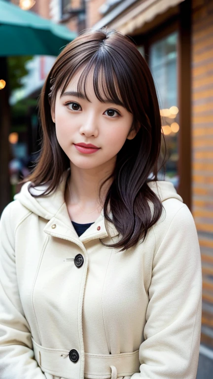  (8K, RAW Photos, Highest quality, masterpiece:1.3), (Realistic, photo-Realistic:1.4), (Highly detailed 8K wallpaper), Sharp focus, Written boundary depth,
 Japanese Idols,very cute, (coat:1.3),(Medium Hair: 1.3), Upper Body, Highly detailed face and eyes,((Shiny skin:1.2)), Cinema Lighting, Soft Light, Blur the background,( Old European village street in the early morning, Cobblestone Street, A bakery filled with warm light and a pleasant aroma.)