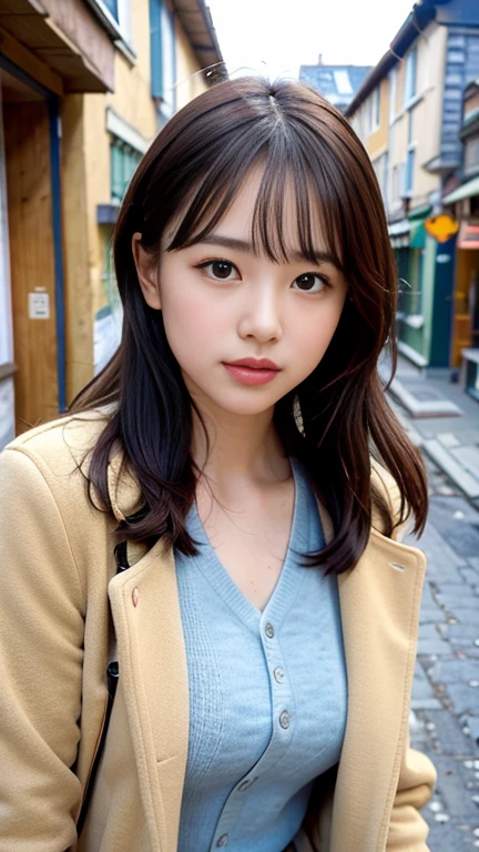(8K, RAW Photos, Highest quality, masterpiece:1.3), (Realistic, photo-Realistic:1.4), (Highly detailed 8K wallpaper), Sharp focus, Written boundary depth,
Japanese Idols,very cute, (coat:1.3),(Medium Hair: 1.3), Upper Body, Highly detailed face and eyes,((Shiny skin:1.2)), Cinema Lighting, Soft Light, Blur the background,( Old European village street in the early morning, Cobblestone Street, A bakery filled with warm light and a pleasant aroma.)