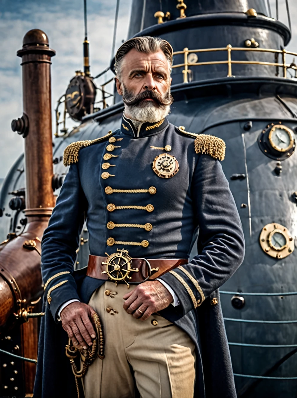 photo focus on male focus, outdoors, realistic scenery, (captain nemo:1.1), standing on the deck of his nautilus submarine, standing, hands behind his back , close-up, loaded military uniform, steampunk nautilus-style. very wide shot, character photo portrait, film, professional, 4k, highly detailed