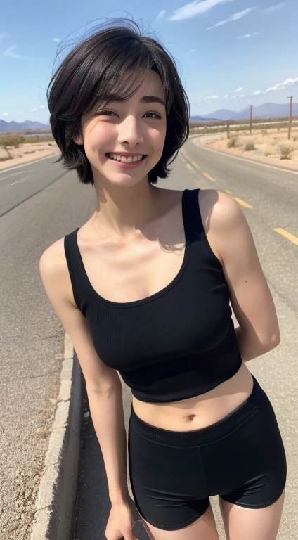 ((top-quality、8K、masterpiece:1.3))、1girl in、Slim Abs Beauty:1.3、(Hairstyle Casual、huge tit:1.2)、Sexy Standing Pose、Perfect dynamic composition、(Show the armpits、open the inseam quite wide)、Super fine face、Delicat eyes、double eyelid、Dress: 1.1、((white Scoop Neck Ribbed Top、sleeveless、short length, slim fit、black sport shorts))、smile、happy tear、Streaming Tears、(little smile face:1.35),、Gas Station in arid areas、 the desert background、