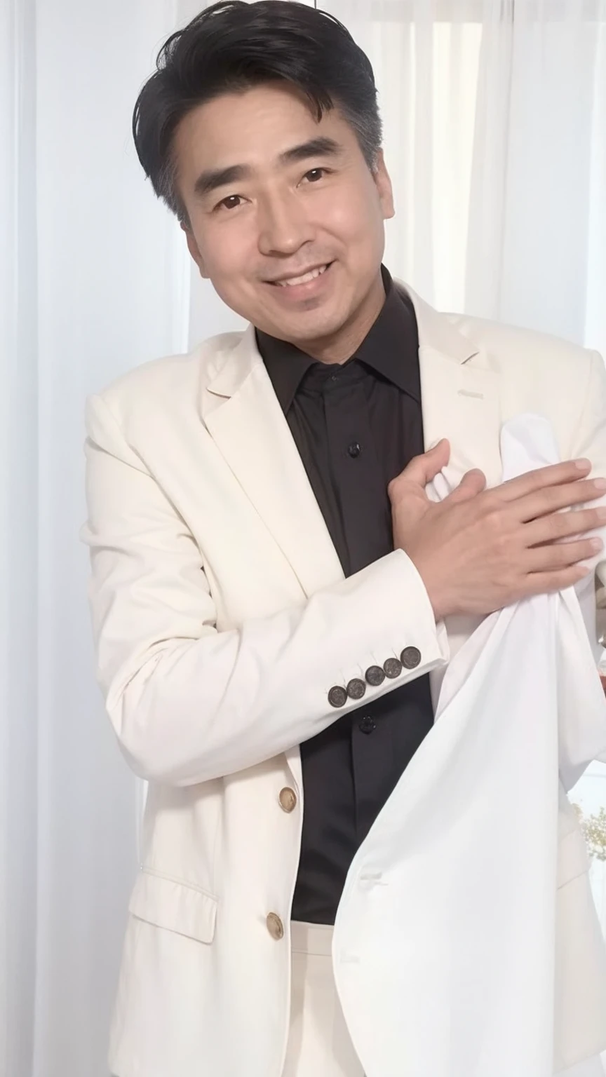 40-year-old male, Soft headlight,High-density imaging,(Clean and delicate face),((Black suit)),((Various dynamic poses)),((((Half-length photo)))),((Smile)),((White curtains in the background)),best quality,masterpiece,(Soft colors:1.2)